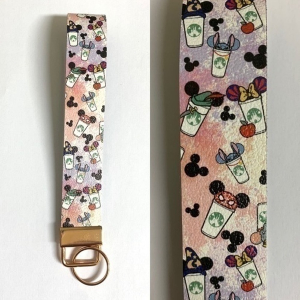 Disney Starbucks coffee lover faux leather wristlet keychain new